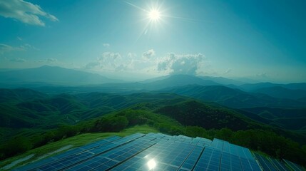 Solar Panels Array On Mountainside Against Sunny Sky