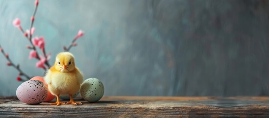 Happy Easter chick and Easter eggs on a wooden table with room for text. Copy space image. Place for adding text and design