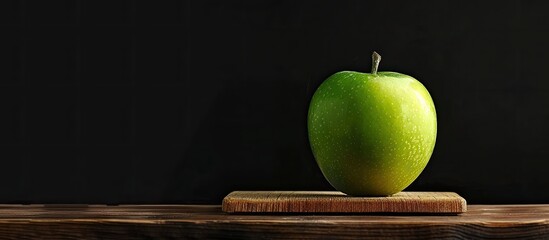 Canvas Print - Green apple on a wooden chopping board against a black background. Copy space image. Place for adding text and design