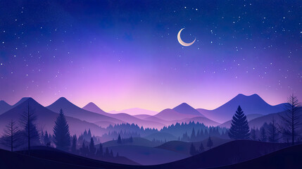 flat illustration of dreamy starry sky with silhouette of mountains at night