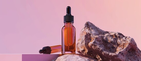 Wall Mural - An amber bottle for essential oils and cosmetics is positioned beside the stone The glass bottle is on a pink background featuring a dropper and a spray bottle This represents the concept of natural