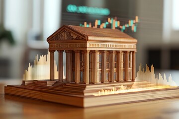 Aufkleber - A wooden model of a bank placed on a reflective surface, surrounded by graphical representations of upward trending stock charts, symbolizing financial growth.