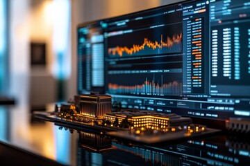 Poster - A miniature classical bank model is set against multiple screens displaying stock market data, signifying the interaction between traditional financial institutions and modern data analytics.