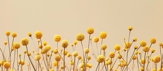 Poster - Minimal floral backdrop featuring fresh yellow round Billy Balls flowers on a beige background Aesthetic image with neutral tones and copy space