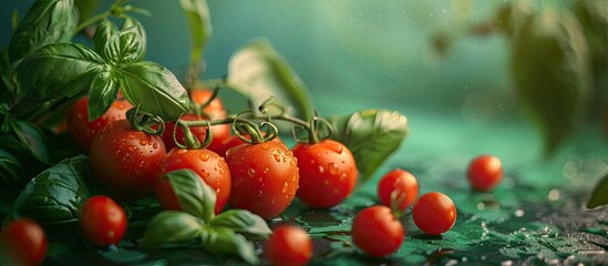 Wall Mural - Fresh cherry tomatoes and basil on a green backdrop. Copy space image. Place for adding text and design