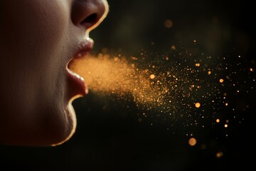 Poster - Artistic close-up photograph capturing light particles being emitted into a dark background, showcasing an elegant and abstract interplay of light and darkness, creating a dynamic scene.