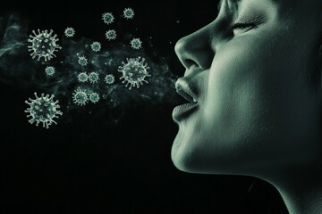 Poster - digital illustration depicting viruses spreading through the air, highlighting their structure and t