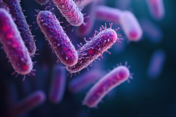 Poster - This image shows a close-up view of pink glowing microscopic organisms, highlighting their unique structures and evoking a sense of scientific discovery and amazement.