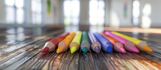 Poster - crayons placed on the table. copy space image. place for adding text and design