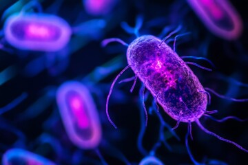 Poster - A highly detailed close-up of purple bacteria under a microscope, showcasing their glowing structure. Ideal for scientific and educational content, highlighting microorganisms.