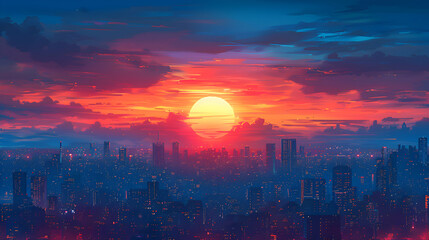Wall Mural - A vibrant 2D image of a city skyline during sunset 