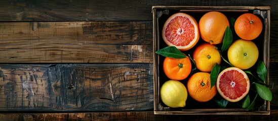 Wall Mural - A variety of citrus fruits in a wooden box orange tangerine grapefruit and lemon Set against a wooden background Top view Copy space