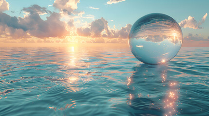 Wall Mural - A realistic shot of a translucent 3D object floating above a serene water surface, reflecting the sky