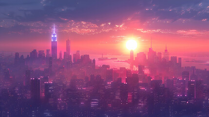 Wall Mural - A vibrant 2D image of a city skyline during sunset with a wide