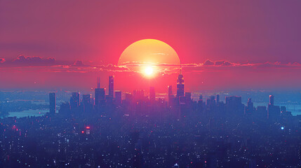 Wall Mural - A vibrant 2D image of a city skyline during sunset with a wide, clear sky above for text