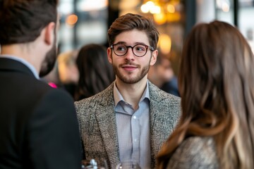 A young man wearing glasses and a gray blazer participates in a conversation with two friends in a lively atmosphere, socializing at a bustling gathering.