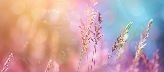 Wall Mural - Close up of wild grass featuring pastel colors a stunning natural backdrop soft focus and a blurred background. Copy space image. Place for adding text and design