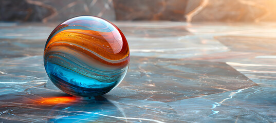 Wall Mural - A vibrant close-up of a glassy 3D object casting reflections on a textured marble surface