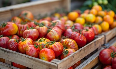 Canvas Print - Delicious red tomatoes in Summer tray market agriculture farm full of organic. Fresh tomatoes, It can be used as background. 