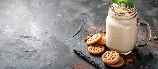 Canvas Print - Vanilla milkshake with crunchy cookies in a mason jar on a gray stone surface. Copy space image. Place for adding text and design