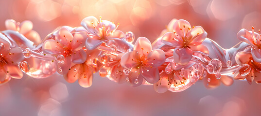 Wall Mural - A vibrant close-up of a metallic 3D object intertwined with delicate flowers under soft morning light