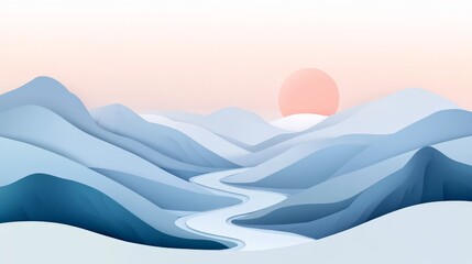 Aufkleber - A beautiful landscape of snowy mountains with a winding path, crested by a soft pastel sunrise, creating a serene and tranquil scene in the snowy wilderness.
