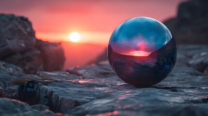 Wall Mural - A vibrant close-up of a metallic 3D object resting on a textured stone surface, under dramatic lighting