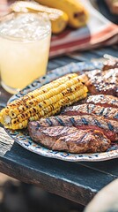 Sticker - Grilled steak and corn on the cob served on a decorative plate.