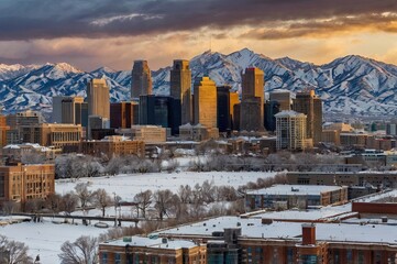 Wall Mural - A record-breaking snowpack in the Wasatch Mountains behind the downtown Salt Lake City skyline, Utah.