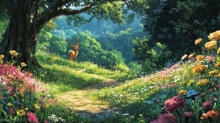 Wall Mural - A whimsical meadow teeming with life 