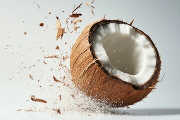 Coconut shell bursting open, revealing fresh coconut meat and flying fragments in bright light