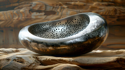 Wall Mural - A vibrant close-up of a metallic 3D object resting on a textured wooden surface, with ambient lighting
