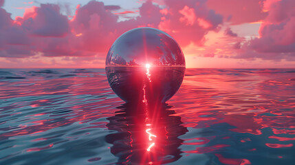 Wall Mural - A vibrant close-up of a metallic 3D object partially submerged in water, with light reflecting off its surface