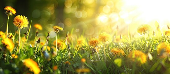 Sticker - Vibrant yellow dandelions on green grass in the sunlight. Copy space image. Place for adding text and design