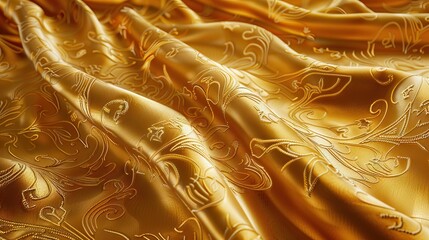 Golden silk satin. Wavy folds. Shiny surface fabric. Beautiful silky background with space for design. AI generated illustration