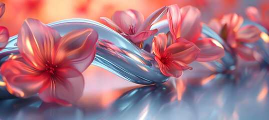 Wall Mural - A vibrant close-up of a metallic 3D object intertwined with delicate flowers under soft morning light