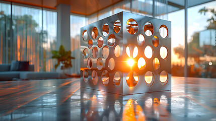Wall Mural - A vibrant close-up of a metallic 3D structure resting on a polished wooden table, with dramatic lighting