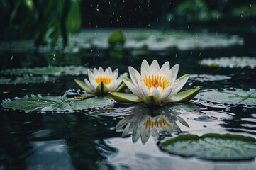 closeup of a beautiful water liliy plant underwater in a pond on a rainy summer day, nature scene background concept with copy space for spa, garden and relaxation