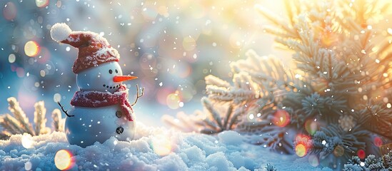 Wall Mural - Merry Christmas and Happy New Year greeting card with copyspace Cheerful snowman in a Christmas setting Snowy background Winter wonderland