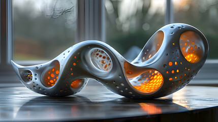 Wall Mural - A vibrant close-up of a metallic 3D structure resting on a polished wooden table, with dramatic lighting