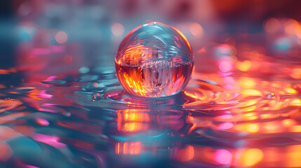 Wall Mural - A vibrant close-up of a metallic 3D object partially submerged in water, with light reflecting off its surface