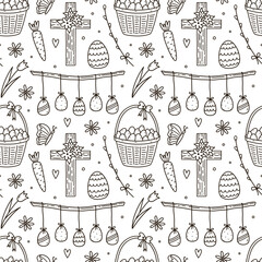 Wall Mural - Cute seamless pattern with Easter eggs, butterflies and flowers. Vector hand-drawn doodle illustration. Perfect for holiday designs, print, decorations, wrapping paper, wallpaper.