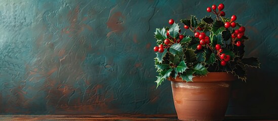 Canvas Print - Gaultheria plant in a terracotta pot adorned with Christmas ornaments Christmas decoration. Copy space image. Place for adding text and design