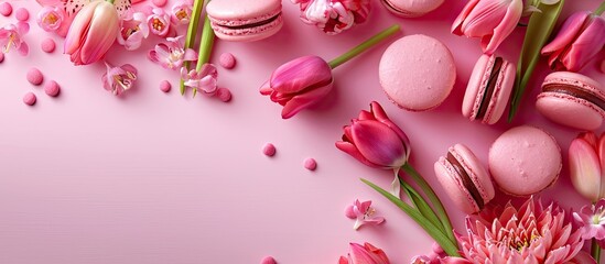 Gift for International Women s Day celebration delightful macaroons and tulip flowers on a pink background close up. Copy space image. Place for adding text and design