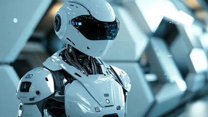 Poster - A humanoid robot with a shiny exterior and digital features is positioned in a high-tech setting, highlighting modern advancements in robotics.