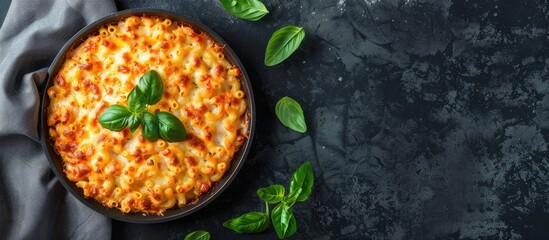 Canvas Print - Trendy hybrid food Mac and cheese pizza on a dark background Top view copyspace