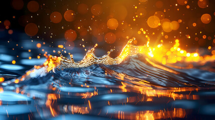Wall Mural - A vibrant close-up of a metallic 3D object partially submerged in water, with light reflecting off its surface