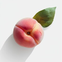 Peach fruit with green leaf against white background