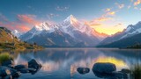 Fototapeta Góry - Amidst towering peaks, a tranquil lake captures the first light of day, reflecting colorful clouds and surrounding greenery, inviting a sense of peace and wonder