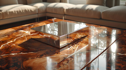 Wall Mural - A vibrant close-up of a polished wooden table with a metallic 3D object resting on its surface